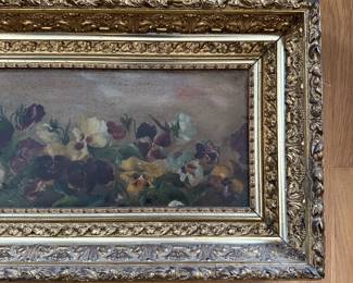 P46 - $175. Antique Oil Painting on Canvas of Pansies. Unsigned. Heavy Gold Gilt Frame in excellent antique condition. Measures 34" x 15.25".  Painting has one rip in the canvas that has been repaired with tape on the back - see photo. 