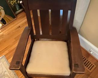 P16 - $75. Antique Mission Style Rocking Chair *low*. Measures 27.5" wide x 22.5" deep x 34" tall. Floor to seat is 14.5". Rocks great and very sturdy. 