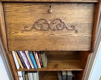 R139 - $325. Antique Larkin Co. Victorian Oak Drop Front Secretary with Bookshelf and Mirror. Beautiful condition! Measures 30" wide x 12" deep x 63" tall. 