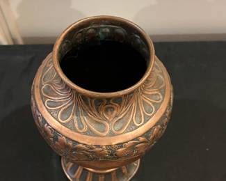 P52 - $20. Copper Vase. Measures 6" wide x 9" tall. (Base is a little bent but it won't tip over!)