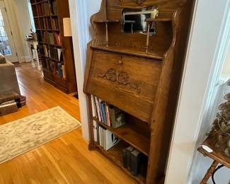 R139 - $325. Antique Larkin Co. Victorian Oak Drop Front Secretary with Bookshelf and Mirror. Beautiful condition! Measures 30" wide x 12" deep x 63" tall. 