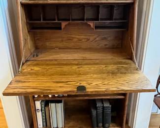 R139 - $325. Antique Larkin Co. Victorian Oak Drop Front Secretary with Bookshelf and Mirror. Beautiful condition! Measures 30" wide x 12" deep x 63" tall. 