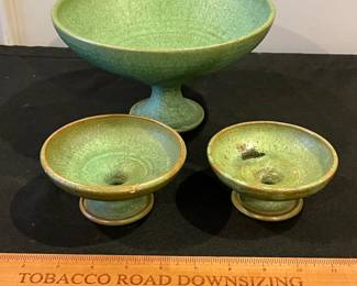 R189 - $20 for 3 Pieces. Floraline Speckled Green Glaze Red Clay Pottery. 