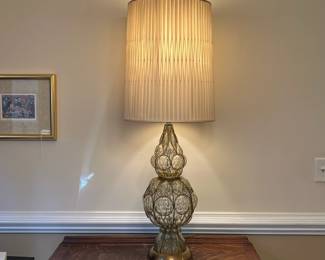 P19 - $125. LARGE Caged Glass Table Lamp. Has original sticker from Marbro Lamp Co. Los Angeles CA. Measures 50.5" tall. Shade is in ok condition. 
