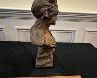 P56 - $55. Art Nouveau Style Chalkware Bust of "Iris". Measures 13" tall. Minor chips, missing paint but overall great condition for it's age!