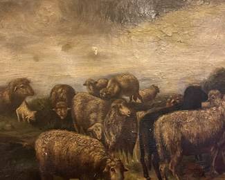 P40 - $325. Large Antique Original Painting of a Pastoral Scene with Shepherd, Dog and Flock of Sheep. Signed E. Kirby. Measures 44" x 30.25" framed. Shows its age with some flaking pieces and one small hole (middle left)