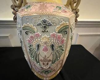 P65 - $95. Japanese Pottery Vase with Slip Trailing Moriage. Open Handles. Measures 9.5" x 16" tall. Excellent Condition. 