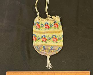 R141 - $55. Antique Microbeaded Purse. Silk Lining needs replaced. Beading and strings all seem strong. 
