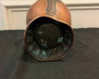 P52 - $20. Copper Vase. Measures 6" wide x 9" tall. (Base is a little bent but it won't tip over!)