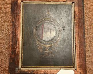 R214 - $95. Antique Double Sided Painting on wood. Framed it measures 8.5" x 10.25". One side is a portrait of a lady and the other is an antique mirror. 