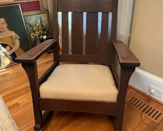 P16 - $75. Antique Mission Style Rocking Chair *low*. Measures 27.5" wide x 22.5" deep x 34" tall. Floor to seat is 14.5". Rocks great and very sturdy. 