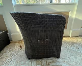 R166 - $150. 4 Piece Set. 2 Chairs & Ottoman & Square Table. Measures 26" wide x 24" deep x 26.75" floor to top of back. No cushions included. Tables are 20" square x 17.25" tall and 27.25" square x 13.25" tall. 