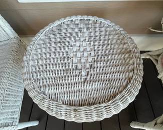 R171e. $60 PAIR of wicker side tables. Measures 18" round x 22" tall. 