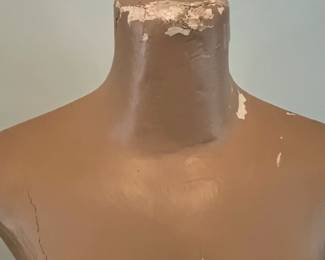 R107 - $75. Antique Paper Mache Female Torso Mannequin on Metal Stand. Measures 14" wide x 41.5" tall. 