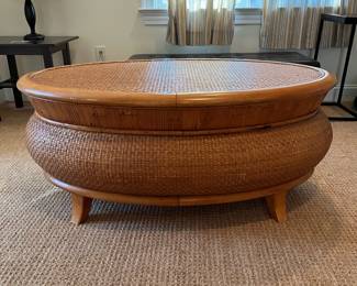P78 - $125. 1970s Woven Rattan Oblong Coffee Table - made in the Philippines. Measures 48" x 31" x 20.5" tall. Very strudy and solid - minor surface wear. 
