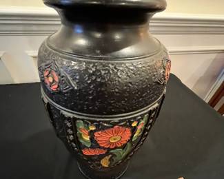 P66 - $40. Black Tokanabe Ware Vase. 1920s. Bottom is stamped "Made in Japan". Measures 7" at the widest x 12" tall. 