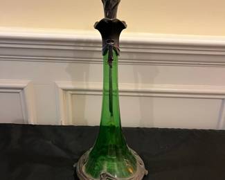 P49 - $125. Art Nouveau Carafe. Green Glass & Pewter. Measures 15" tall. 