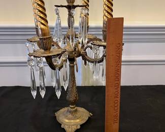 R140 - $65. Single Bronze Candelabra (likely French?) with glass prisms. Measures 9" square x 14.5" tall with no candles. 