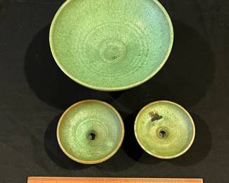 R189 - $20 for 3 Pieces. Floraline Speckled Green Glaze Red Clay Pottery. 
