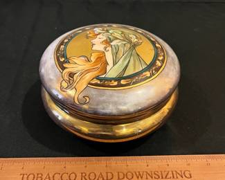 P70 - $50. Art Nouveau Bonboniere (candy dish / covered bowl) by T&V Limoges France. Measures 8" across x 4" tall. A couple minor chips and wear on the paint on the top but no major cracks or issues. 