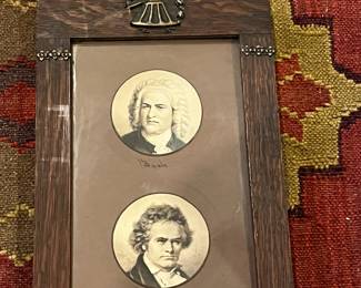 P39 - $40. Framed Photos of Classical Music Composers Bach, Beethoven, Schubert, Wagner, Mendelssohn, Mozart. Embellished Wooden Frame Measures 7.75" wide x 29.75" tall. 