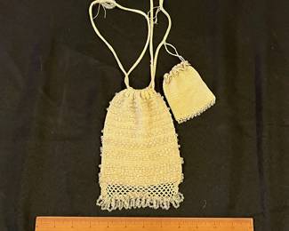 R142 - $30. Antique Off White Purse with clear beads attached. Appears to be fine crochet purse with small change bag attached. Excellent Condition. 