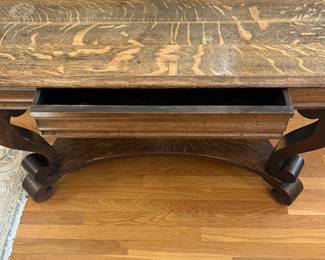 P10 - $150. Wolverine Mfg. Co. Solid Wood Table with Single Drawer. Quarter Sawn Oak. Has been used as an entry table but could also be a desk. Measures 45" wide x 28" deep x 29" tall. 