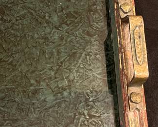 P69 - $35. Antique Arts & Crafts Style Serving Tray. Wooden Frame with metal handles and glass. Measures 17.5" x 13.5". 