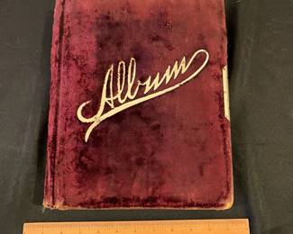 R150 - $125. Antique Velvet Covered Photo Album - Lock has been removed. Measures 9.5" x 12" x 2.5" Includes 35 Cabinet Card Photos from Hardy Artist Photographer 523 Washington St. Boston MA. All photos have names. 