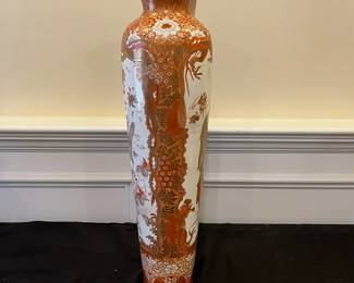 R138 - $125. Tall Asian Floor Vase. Measures 7" at the widest point x 23.5" tall. Note included in vase said - Antique Meiji Period Kutani Vase Watano. 