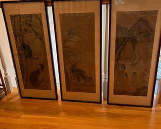 R217 - $150 Japanese Triptych. Each Measures 15.75" x 36.75". One has cats, bunnies & horse. 