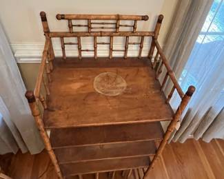 P13 - $150. Antique Stick & Ball Bamboo Etagere. Measures 20.5" wide x 17" deep x 48" tall. Does wiggle a little but beautiful character! 