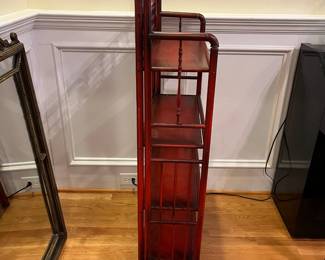 R156 - $150. Dainty Antique! Red Bamboo & Wood Etagere Bookcase.  (Sturdy and very functional but it is old and has some wiggles) Measures 23.5" wide x 9.75" deep x 47" tall. 
