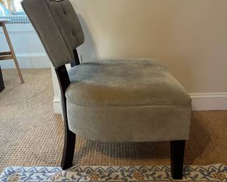 P83 - $65. World Market Armless Accent Chair. Grey Upholstery (does have some cat hair). Measures 26" wide x 23" deep x 32" tall. Floor to seat is 17". 