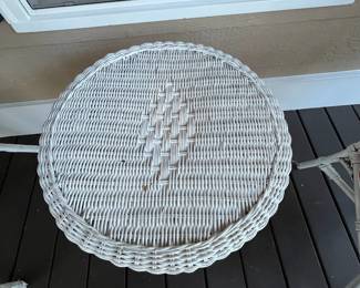 R171e. $60 PAIR of wicker side tables. Measures 18" round x 22" tall. 