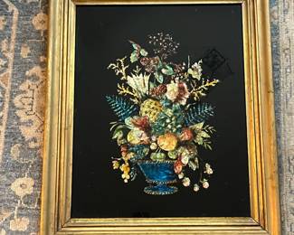 P22 - $95. Antique Tinsel Foil Reverse Folk Art Painting. Thick gold frame has minor chipping expected with age. Measures 20" x 24.5"