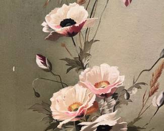 P20 - $100. Antique Floral Still-Life Stretched Canvas Painting Signed E. Gleim (back says Stephanie Gleim) Measures 15.75" x 26" in Beautiful Antique Wooden Frame. Canvas has a couple places where paint is scratched. 