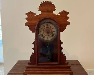 P80 - $40. "Rose" The E. Ingraham Co. Bristol CT. Gingerbread Case Kitchen Clock.  Measures 14.5" wide x 5" deep x 21.5" tall. Includes key - currently not working. 