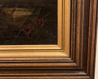 P40 - $325. Large Antique Original Painting of a Pastoral Scene with Shepherd, Dog and Flock of Sheep. Signed E. Kirby. Measures 44" x 30.25" framed. Shows its age with some flaking pieces and one small hole (middle left)