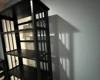 R111 - $60. Stacking, fold flat shelves. Measures 27.5" x 11.5" deep x 76" tall (2 together). Sturdy!