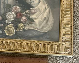 P88 - $40. Gold Gesso Frame with 3D Roses, Flowers. A couple minor spots of damage but overall good condition. Very delicate. Beautiful framed lady print included!  Measures 20.5" x 25". 