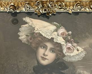 P88 - $40. Gold Gesso Frame with 3D Roses, Flowers. A couple minor spots of damage but overall good condition. Very delicate. Beautiful framed lady print included!  Measures 20.5" x 25". 