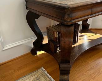 P10 - $150. Wolverine Mfg. Co. Solid Wood Table with Single Drawer. Quarter Sawn Oak. Has been used as an entry table but could also be a desk. Measures 45" wide x 28" deep x 29" tall. 