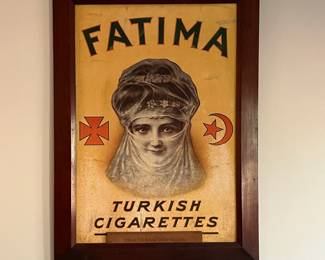 P5 - $350. Fatima Turkish Cigarettes (Large retail advertising display issued for Liggett & Meyers'.)  Measures 26.5" x 36". Printed on heavy cardboard paper. Bottom right reads. Copyright 1909 S. Anargyros NY