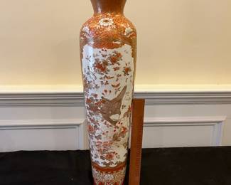 R138 - $125. Tall Asian Floor Vase. Measures 7" at the widest point x 23.5" tall. Note included in vase said - Antique Meiji Period Kutani Vase Watano. 