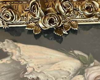 P88 - $40. Gold Gesso Frame with 3D Roses, Flowers. A couple minor spots of damage but overall good condition. Very delicate. Beautiful framed lady print included!  Measures 20.5" x 25". 