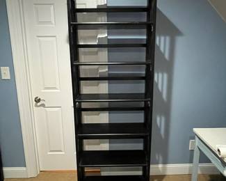 R111 - $60. Stacking, fold flat shelves. Measures 27.5" x 11.5" deep x 76" tall (2 together). Sturdy!