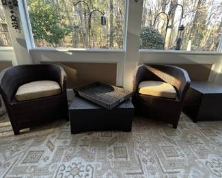R166 - $150. 4 Piece Set. 2 Chairs & Ottoman & Square Table. Measures 26" wide x 24" deep x 26.75" floor to top of back. No cushions included. Tables are 20" square x 17.25" tall and 27.25" square x 13.25" tall. 