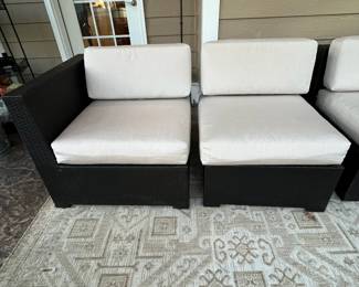 R165 - $225. Couch is in 4 pieces with Sunbrella Cushions. Used on covered screened in porch. 2 ends are 32.75" wide x 32.75" deep x 29" floor to top of back. Center seats are 27.25" wide. 