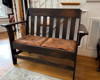 P75 - $275. Arts & Crafts Mission Style Wooden Bench. Leather seats are very worn and would be a relatively easy recovering project. Measures 48" wide x 23" x 36" tall. Very sturdy!